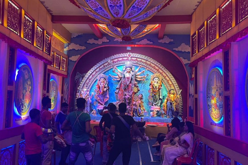 This Durga Puja pandal showcases the theme of Bengali culture and religious festivities