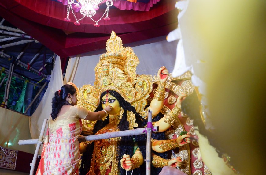 Sindoor khela at the Durga Puja in Khidderpore, which once started under the guidance of Netaji Subhas Chandra Bose