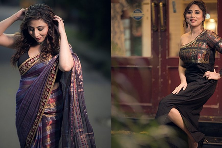 কালো স্লিফলেস ব্লাউজের সঙ্গে জড়ির পাড়ের কাজের শিফন শাড়িতে নজরকাড়া সঙ্গীতা। গলায় অক্সিডাইসড চকার, খোলা চুলে ঝড় তুলেছেন অভিনেত্রী।   বালুচরি শাড়ির এথনিক পোশাকেও মোহময়ী সঙ্গীতা। হাফ শোল্ডার ড্রেসে স্মার্ট লুকে চোখ ফেরানো দায়। 