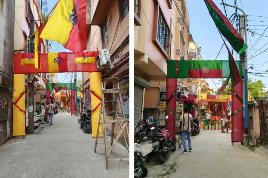 গোটা মণ্ডপ জুড়ে রয়েছে ইস্টবেঙ্গল, মোহনবাগানের ছোঁয়া। শুধু তাই নয় প্রবেশপথের ভাবনাতেও রয়েছে সৃজনশীলতার ছোঁয়া।